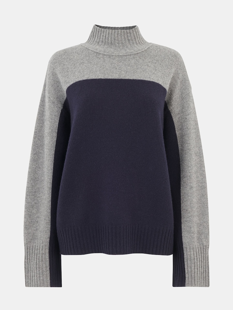 Whistles Blue Wool Colour Block Funnel Neck Jumper - Image 5 of 5