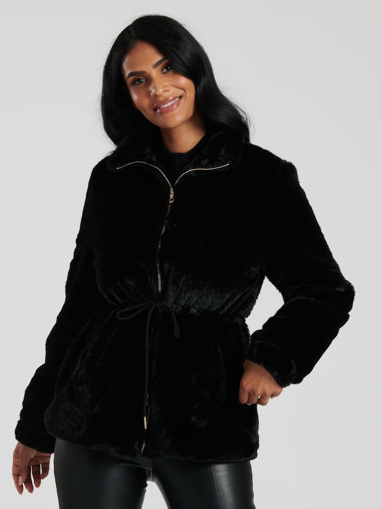 South Beach Black Faux Fur Jacket with Waits Ties - Image 1 of 6