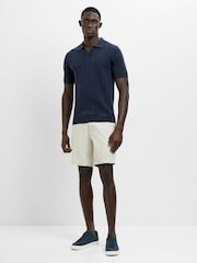 French Connection Blue Cotton Textured Rib Open V-Neck Collar Short Sleeve Polo Shirt - Image 1 of 4