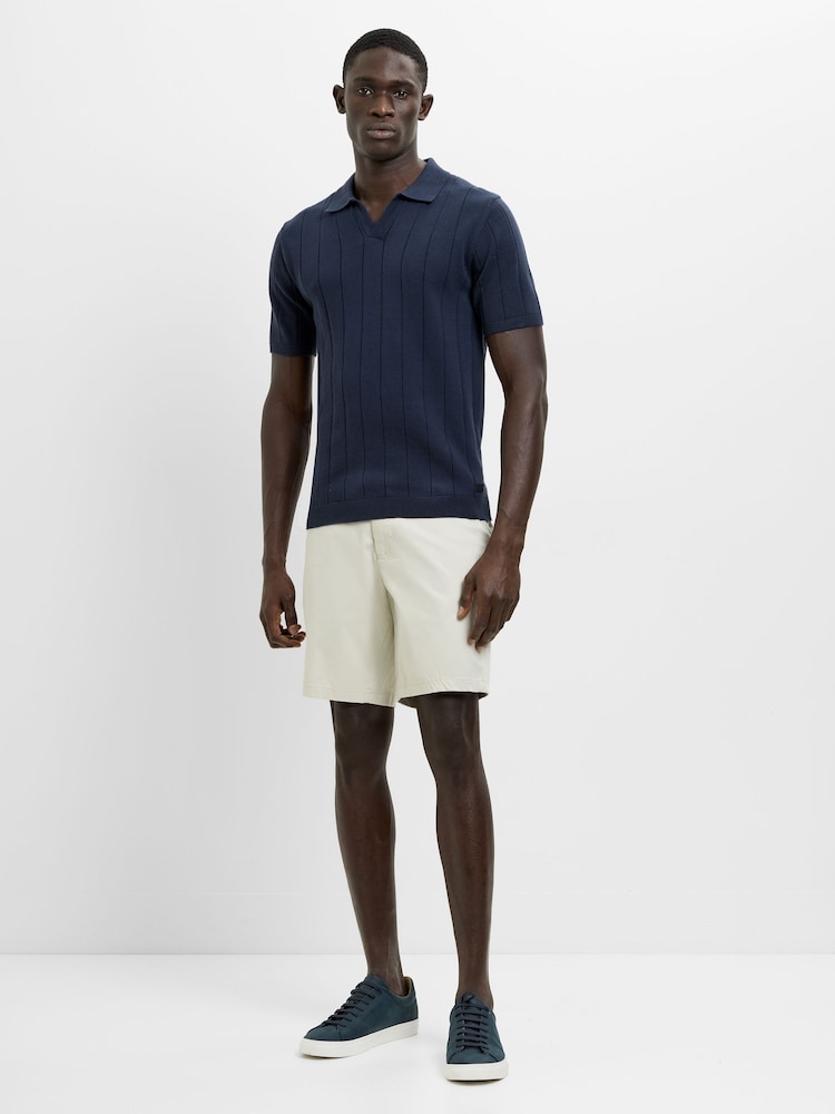 French Connection Blue Cotton Textured Rib Open V-Neck Collar Short Sleeve Polo Shirt - Image 1 of 4