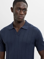 French Connection Blue Cotton Textured Rib Open V-Neck Collar Short Sleeve Polo Shirt - Image 2 of 4