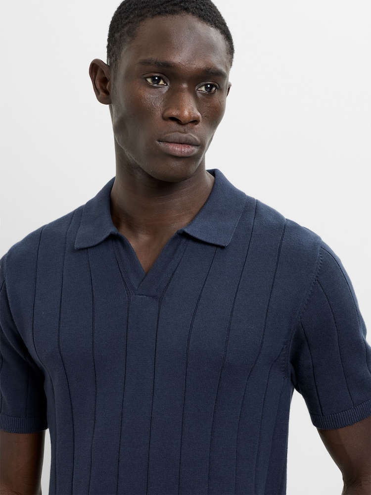 French Connection Blue Cotton Textured Rib Open V-Neck Collar Short Sleeve Polo Shirt - Image 2 of 4