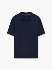 French Connection Blue Cotton Textured Rib Open V-Neck Collar Short Sleeve Polo Shirt - Image 3 of 4