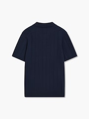 French Connection Blue Cotton Textured Rib Open V-Neck Collar Short Sleeve Polo Shirt - Image 4 of 4