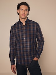 Neutral Brown Check Regular Fit Easy Iron Long Sleeve Single Cuff Oxford Shirt - Image 1 of 8