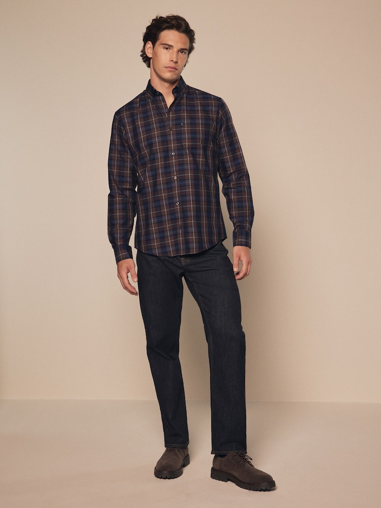 Neutral Brown Check Regular Fit Easy Iron Long Sleeve Single Cuff Oxford Shirt - Image 2 of 8