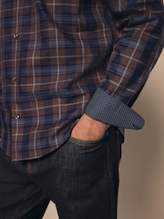 Neutral Brown Check Regular Fit Easy Iron Long Sleeve Single Cuff Oxford Shirt - Image 5 of 8