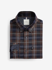 Neutral Brown Check Regular Fit Easy Iron Long Sleeve Single Cuff Oxford Shirt - Image 6 of 8