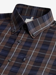 Neutral Brown Check Regular Fit Easy Iron Long Sleeve Single Cuff Oxford Shirt - Image 7 of 8