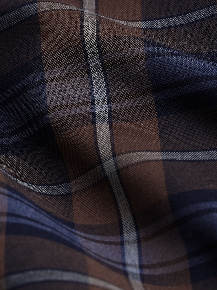 Neutral Brown Check Regular Fit Easy Iron Long Sleeve Single Cuff Oxford Shirt - Image 8 of 8