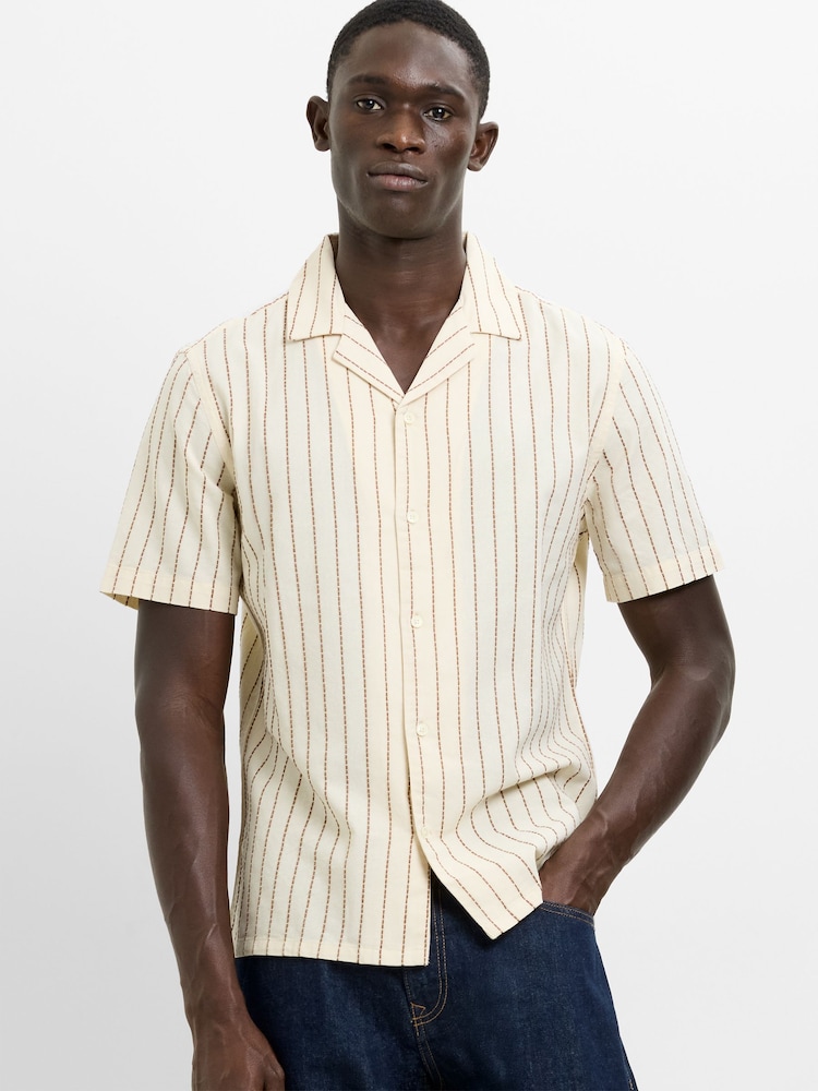 French Connection Cream Cotton Striped Revere Collar Button Short Sleeve Shirt - Image 1 of 6 French Connection Cream Cotton Striped Revere Collar Button Short Sleeve Shirt - Image 1 of 6