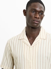 French Connection Cream Cotton Striped Revere Collar Button Short Sleeve Shirt - Image 2 of 6