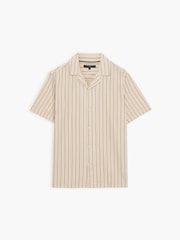 French Connection Cream Cotton Striped Revere Collar Button Short Sleeve Shirt - Image 3 of 6