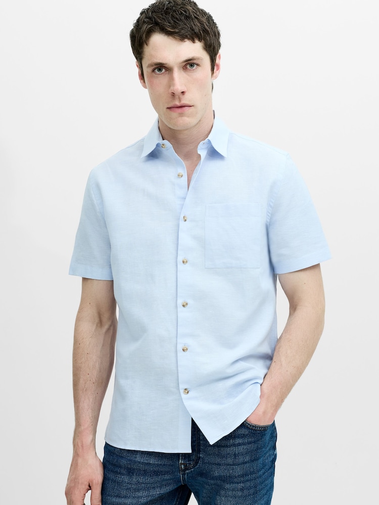 French Connection Cotton Linen Blend Chest Pocket Button Short Sleeve Shirt - Image 1 of 2