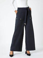 Roman Black Wide Leg Belted Stretch Trousers - Image 1 of 5