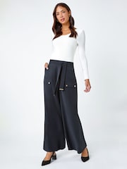 Roman Black Wide Leg Belted Stretch Trousers - Image 4 of 5