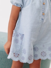 Denim 100% Cotton Broderie Playsuit (3mths-7yrs) - Image 3 of 6