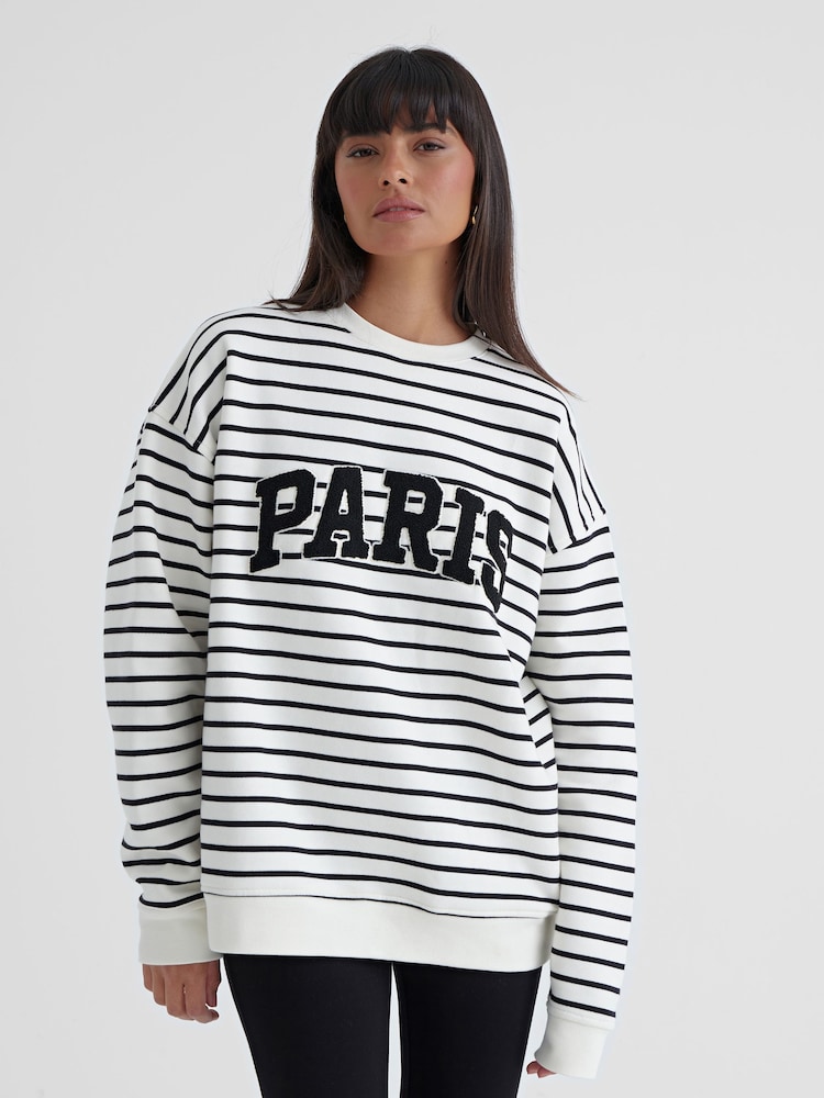 4th & Reckless White Anni Stripe Boucle Paris 100% Cotton Sweatshirt - Image 1 of 5