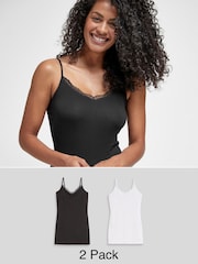 Black/White Lace Trim Cotton Blend Longline Vests 2 Pack - Image 1 of 8