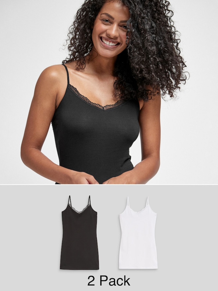 Black/White Lace Trim Cotton Blend Longline Vests 2 Pack - Image 1 of 8