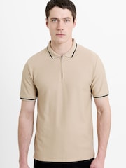 French Connection Brown Cotton Blend Textured Contrast Trims Zip-Up Short Sleeve Polo Shirt - Image 1 of 6