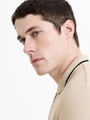 French Connection Brown Cotton Blend Textured Contrast Trims Zip-Up Short Sleeve Polo Shirt - Image 2 of 6