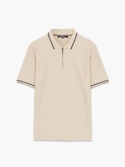 French Connection Brown Cotton Blend Textured Contrast Trims Zip-Up Short Sleeve Polo Shirt - Image 3 of 6