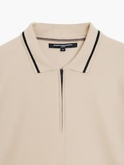 French Connection Brown Cotton Blend Textured Contrast Trims Zip-Up Short Sleeve Polo Shirt - Image 5 of 6