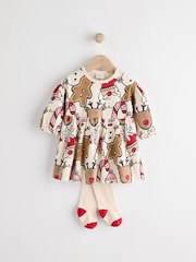 White/Red Character Christmas Baby Jersey 100% Cotton Dress With Tights Set (0mths-2yrs) - Image 1 of 7