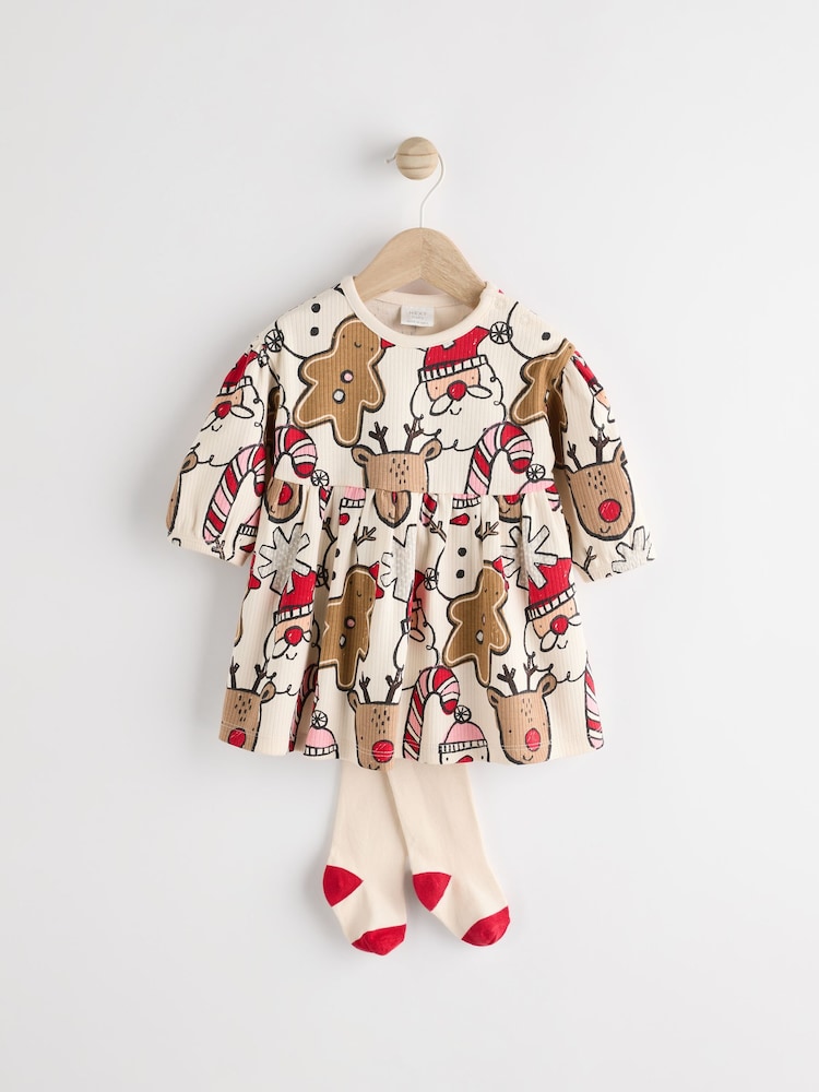 White/Red Character Christmas Baby Jersey 100% Cotton Dress With Tights Set (0mths-2yrs) - Image 1 of 7