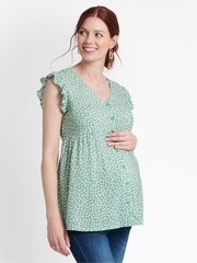 JoJo Maman Bébé Duck Egg Ditsy Print Frill Sleeve Maternity Blouse - Image 1 of 3