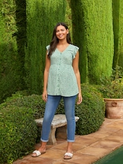 JoJo Maman Bébé Duck Egg Ditsy Print Frill Sleeve Maternity Blouse - Image 2 of 3