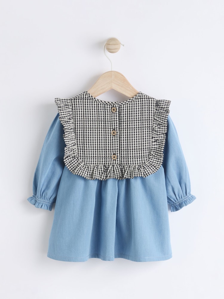 Denim/Gingham Tabbard Woven 100% Cotton Dress and Tights Set (0mths-2yrs) - Image 3 of 7