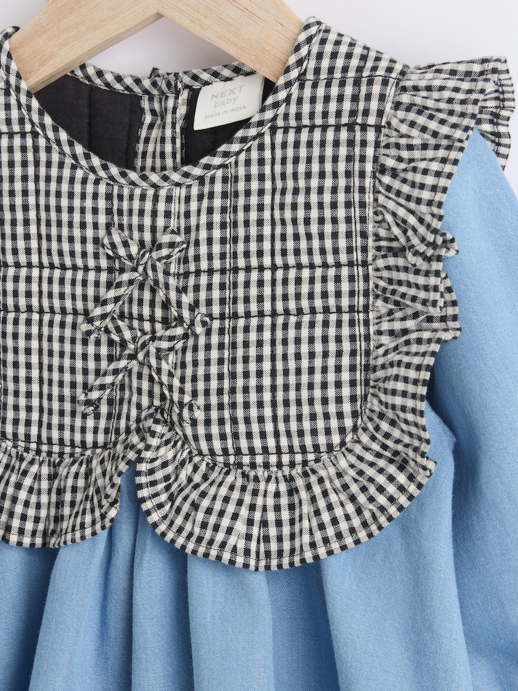 Denim/Gingham Tabbard Woven 100% Cotton Dress and Tights Set (0mths-2yrs) - Image 4 of 7