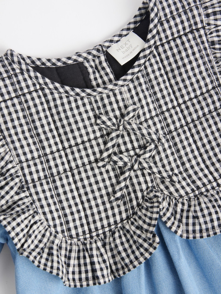 Denim/Gingham Tabbard Woven 100% Cotton Dress and Tights Set (0mths-2yrs) - Image 5 of 7