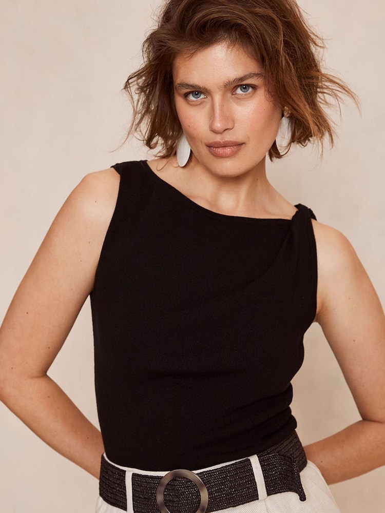 Mint Velvet Twist Shoulder Black  Top - Image 1 of 4