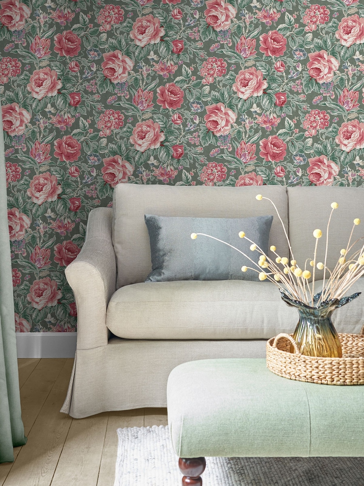 Laura Ashley Fern Green Wild Roses 10M Wallpaper - Image 1 of 3