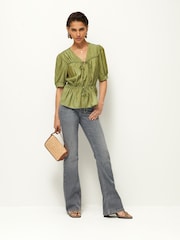 Green Tie Front Tiered Textured Short Sleeve Blouse - Image 2 of 6