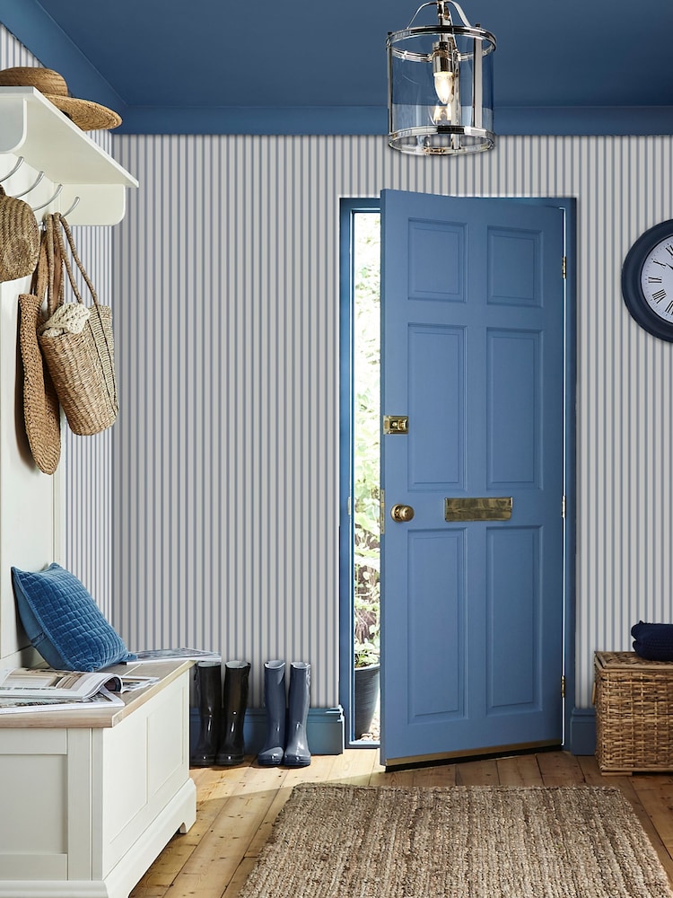 Laura Ashley Smoke Blue Farnworth Stripe 10M Wallpaper - Image 1 of 3
