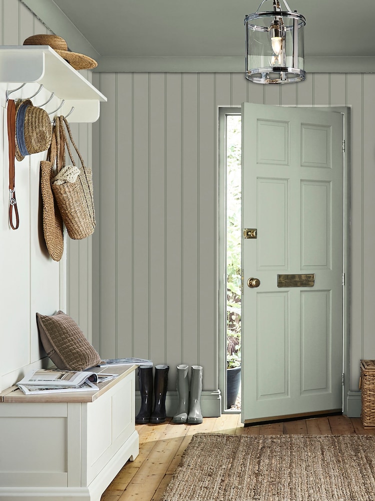 Laura Ashley Sage Green Chalford Wood Panelling 10M Wallpaper - Image 1 of 3