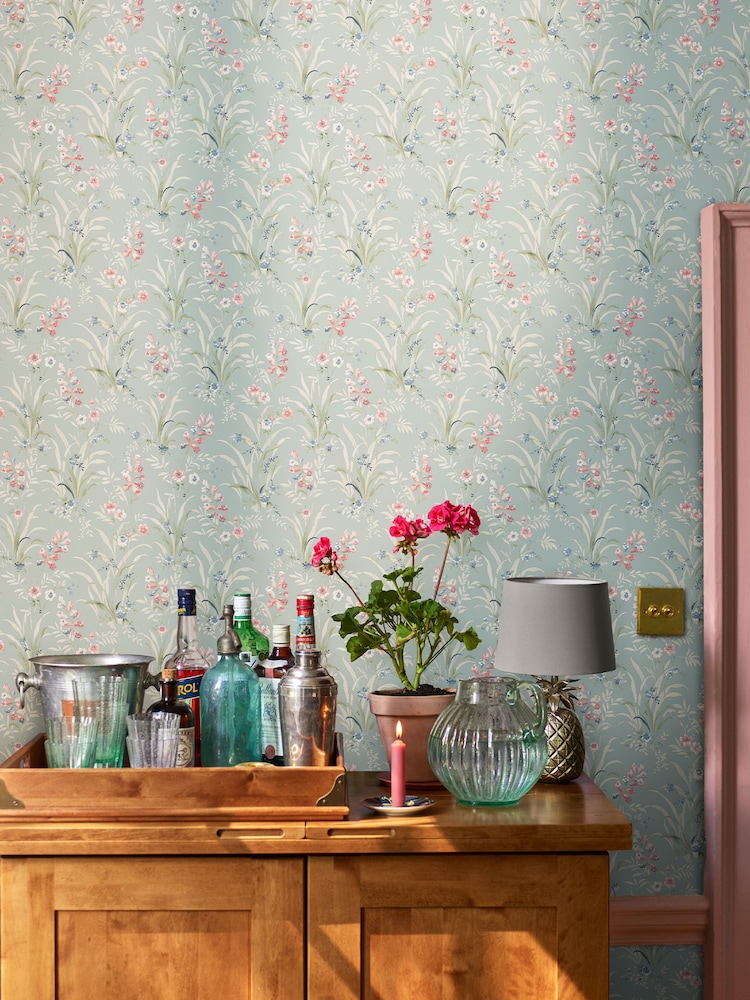 Laura Ashley Dark Duck Egg Blue Mosedale Posy 10M Wallpaper - Image 1 of 3 Laura Ashley Dark Duck Egg Blue Mosedale Posy 10M Wallpaper - Image 1 of 3