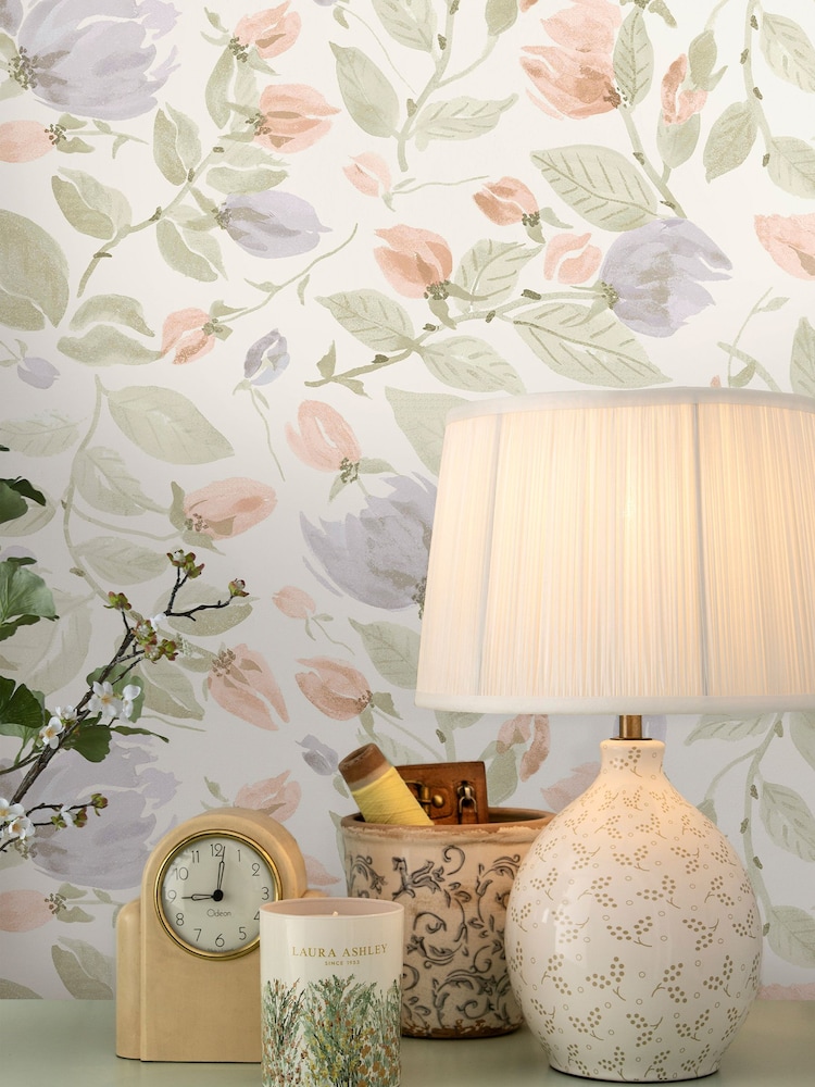 Laura Ashley Pale Sage Green Orisia Peony 10M Wallpaper - Image 1 of 3