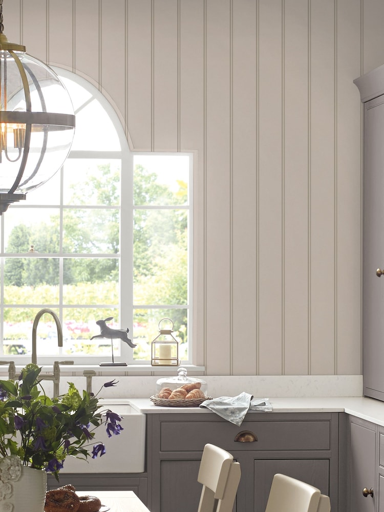 Laura Ashley Dove Grey Chalford Wood Panelling 10M Wallpaper - Image 1 of 3