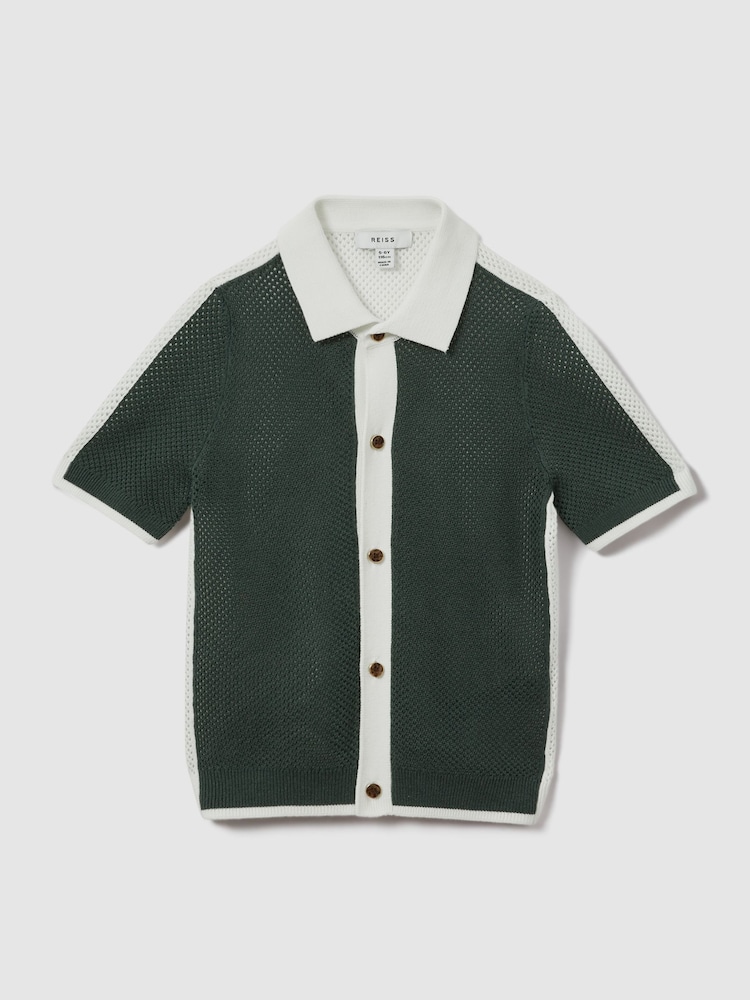 Reiss Green/Optic White Misto 3-9 yrs Cotton Blend Open Stitch Shirt - Image 2 of 4
