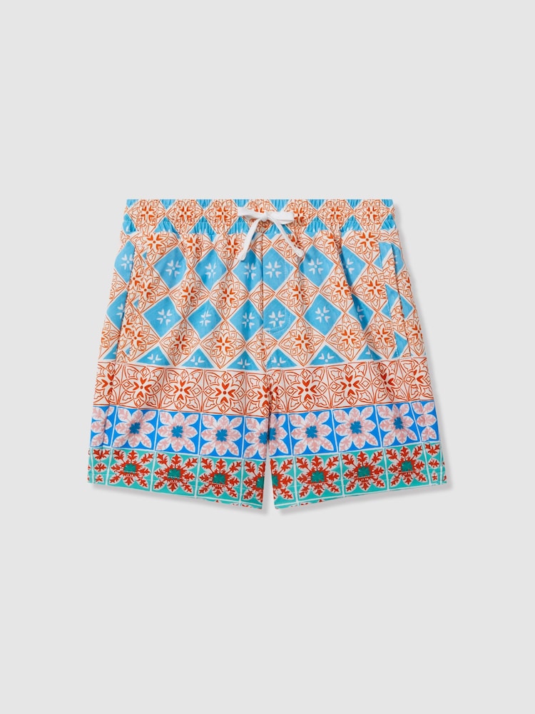 Reiss Orange Multi Arizona Senior Floral Tile Print Drawstring Swim Shorts - Image 2 of 4