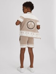 Reiss Taupe/Optic White Bowler 9-13 yrs Velour Embroidered Striped Shirt - Image 1 of 4