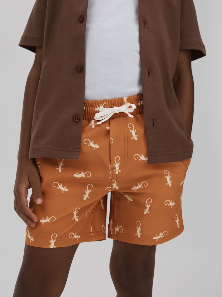 Reiss Orange/White Cammy Senior Reptile Print Drawstring Swim Shorts - Image 1 of 4