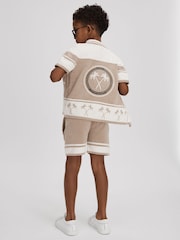 Reiss Taupe/Optic White Bowler 3-9 yrs Velour Embroidered Striped Shirt - Image 3 of 4