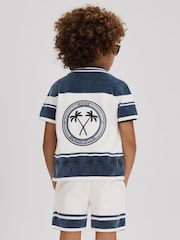 Reiss Optic White/Airforce Blue Bowler 9-13 yrs Velour Embroidered Striped Shirt - Image 1 of 4