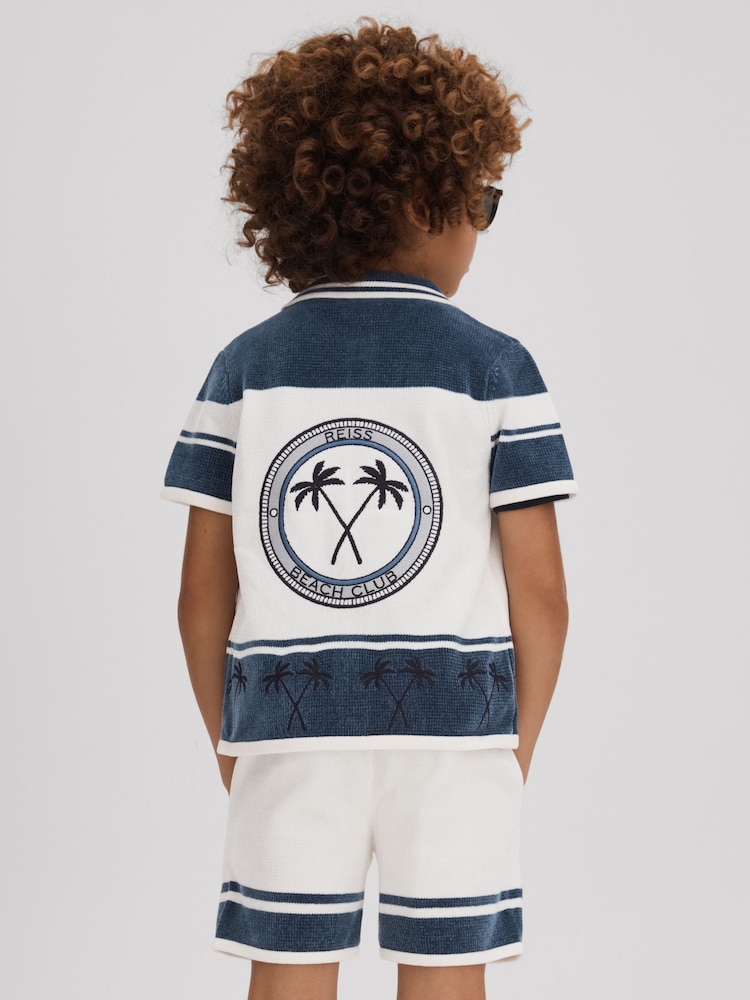 Reiss Optic White/Airforce Blue Bowler 9-13 yrs Velour Embroidered Striped Shirt - Image 1 of 4
